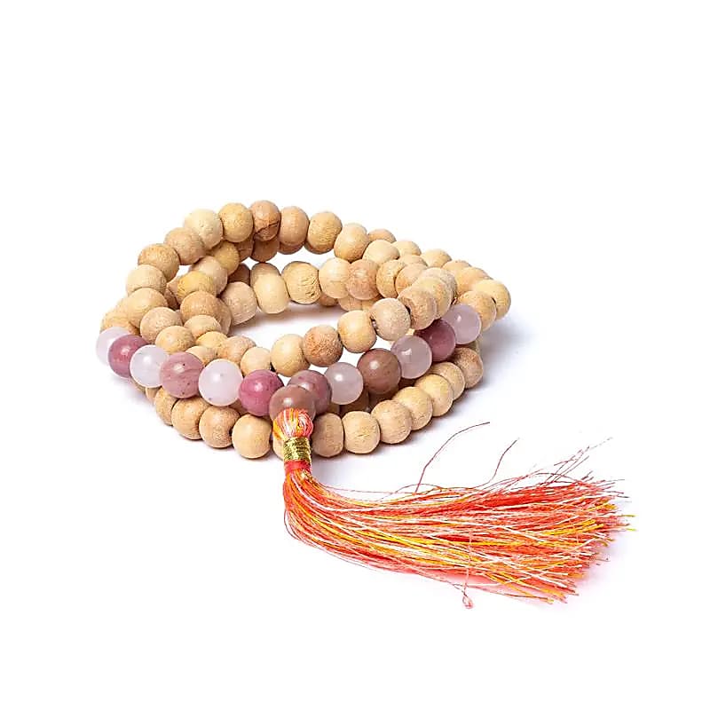 Mala Ξύλο Tulsi με Ροζ Χαλαζία & Θουλίτη (Rose Quartz/Thulite) + πουγκί δώρο - 108 χάντρες Διαστάσεις χάντρας : 0,7 cm - mykarma.gr