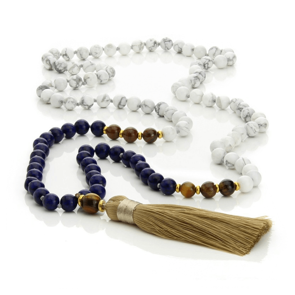 Θυβετιανό Μάλα με κόμπους Από Χαουλίτη(Howlite) και Λάπις Λαζούλι(Lapis Lazuli) - mykarma.gr