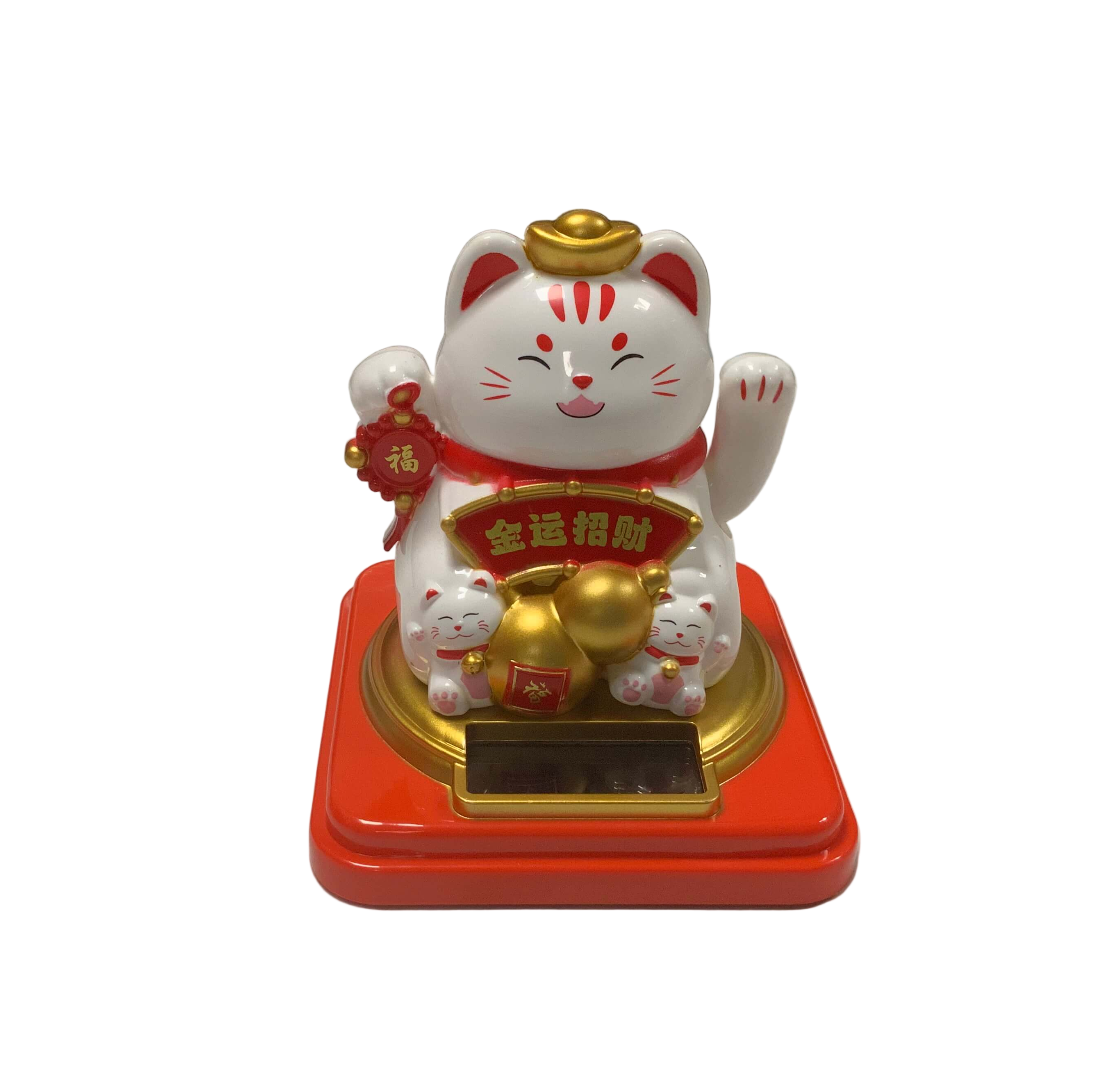 Maneki Lucky Cat - Σύμβολο καλής Τύχης & Πλούτου κουνάει το χέρι με τυχερά σύμβολα - λευκή Διαστάσεις: 8 εκ