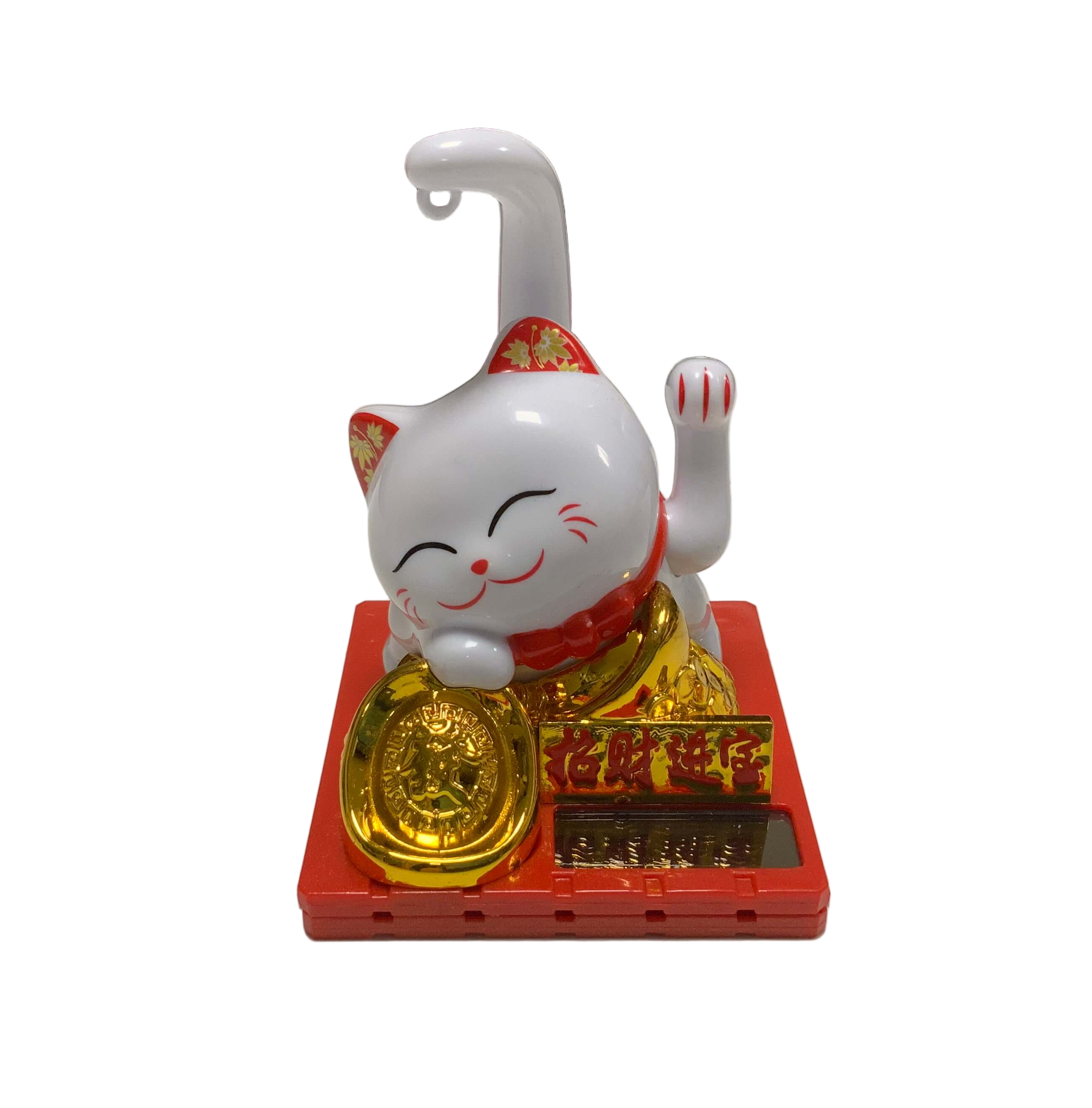 Maneki Lucky Cat - Σύμβολο καλής Τύχης & Πλούτου κουνάει το χέρι με τυχερά σύμβολα - λευκή Διαστάσεις: 9 εκ