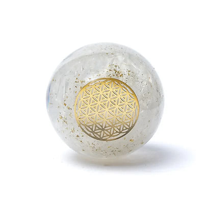 Οργονίτες - Σφαίρα Orgone Σεληνίτη (Selenite) με «Flower of Life» & Σταντ απο ορείχαλκο ΔΩΡΟ Διάμετρος: ±5.5 εκ - mykarma.gr