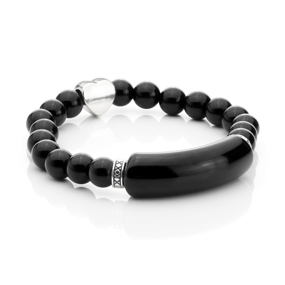 Βραχιόλι Από Μαύρο Αχάτη (Black Agate) Με Ορθογώνια Μπάρα και Καρδιά - mykarma.gr