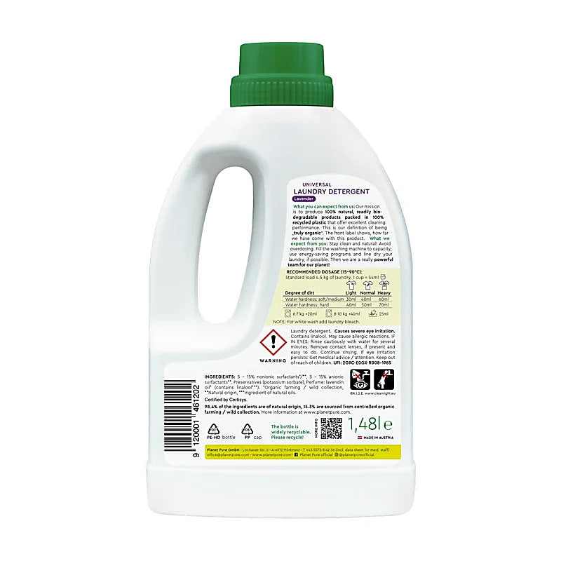 ΒΙΟ Planet Pure-Οργανικό υγρό Απορρυπαντικό Ρούχων Universal-Λεβάντα-για χρωματιστά, ευαίσθητα & πολύ λερωμένα ρούχα Περιεκτικότητα 1500ml για 37 πλύσεις - mykarma.gr