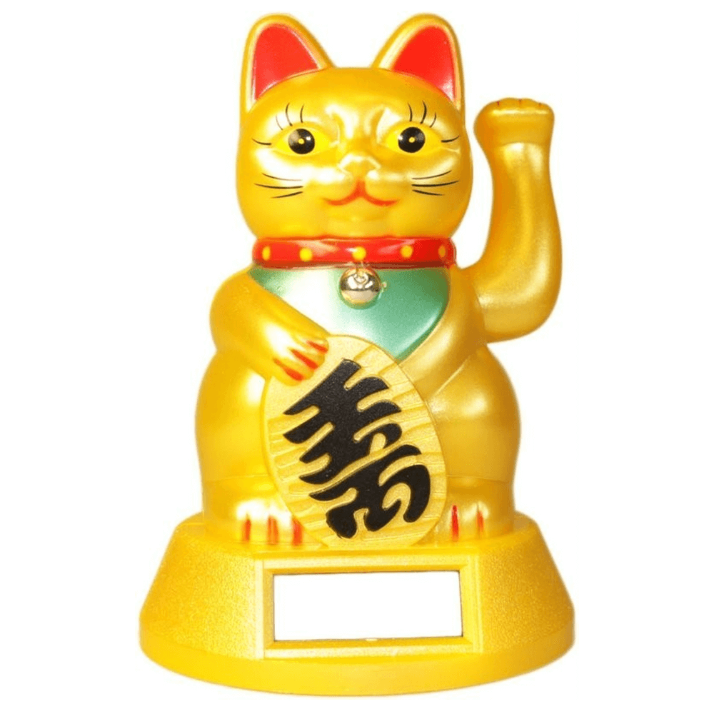 Maneki Neko Money Cat-Σύμβολο καλής Τύχης & Πλούτου -κουνάει το χέρι,μάτια ανοικτά - χρώμα χρυσό Διαστάσεις 12 x 8 εκ - mykarma.gr