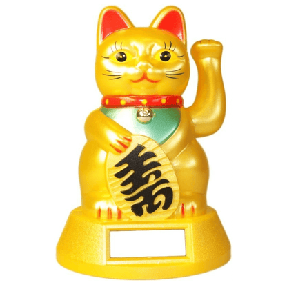 Maneki Neko Money Cat-Σύμβολο καλής Τύχης & Πλούτου -κουνάει το χέρι,μάτια ανοικτά - χρώμα χρυσό Διαστάσεις 12 x 8 εκ - mykarma.gr