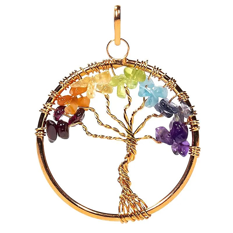 Κρεμαστό κόσμημα - Μενταγιόν 7 Chakra Tree of Life (Δέντρο της Ζωής)- ορείχαλκου με 7 Ημιπολύτιμους  λίθους- χρυσό χρώμα. Μέγεθος 4cm. - mykarma.gr