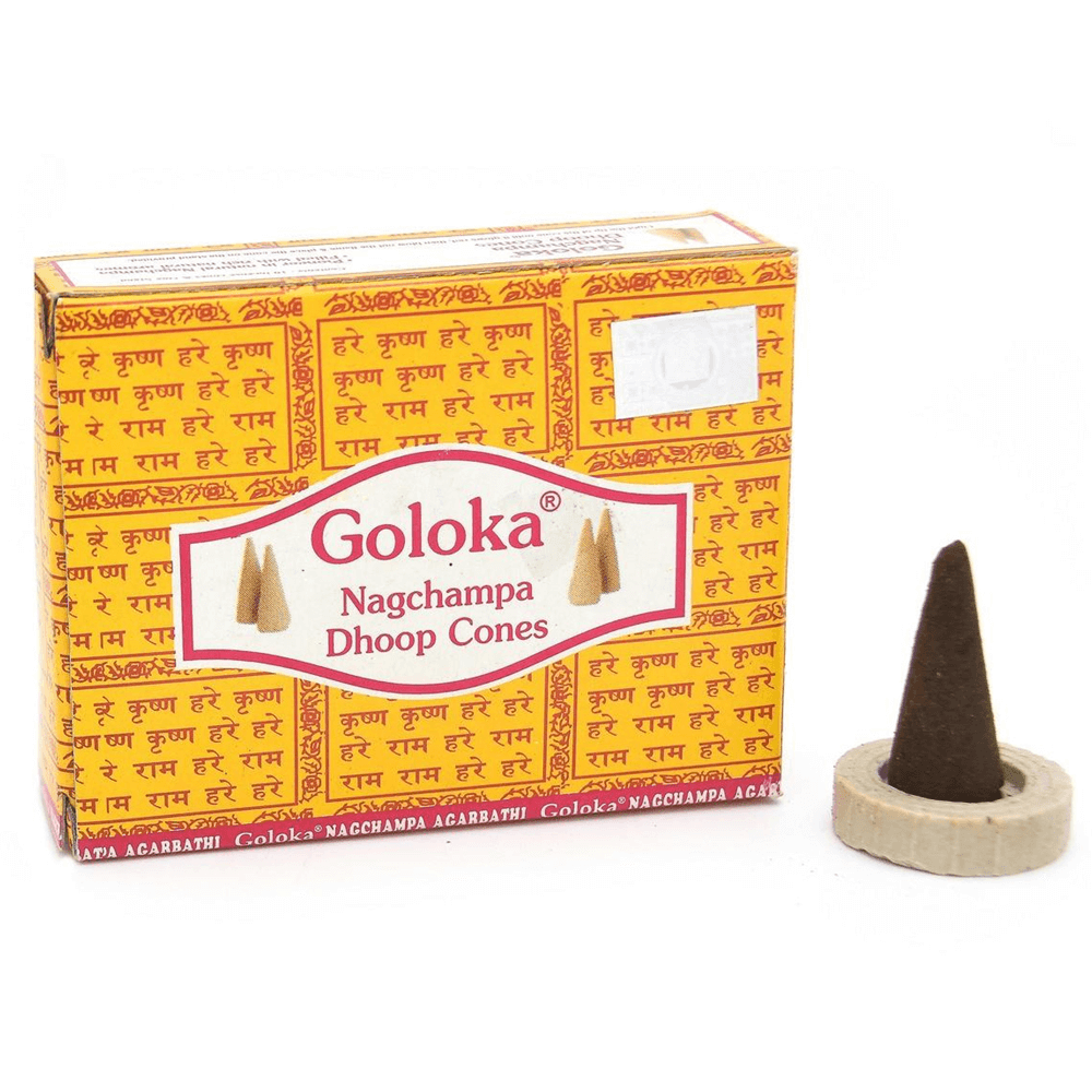 Κώνοι θυμιάματος Nag Champa Goloka Βάρος: 20 g Περιεχει 10 κώνους + Βάση - mykarma.gr