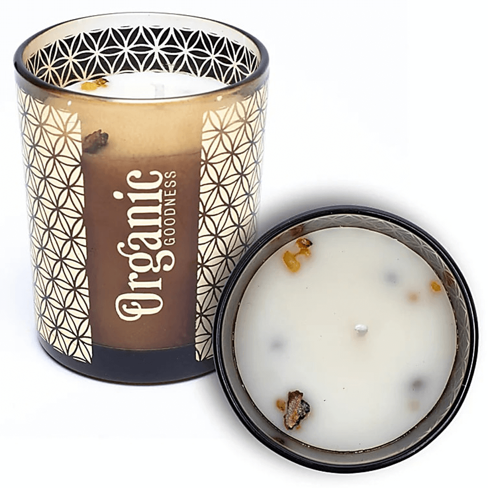 Κερί Σόγιας Organic Goodness με αιθέρια έλαια Λιβάνι & Μύρο (Frankincense & Myrrh) & κόκκους λιβανιού με ρητίνη μύρου Χρόνος καύσης 55 ώρες Διαστάσεις:11 x 9 cm - mykarma.gr