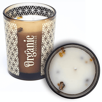 Κερί Σόγιας Organic Goodness με αιθέρια έλαια Λιβάνι & Μύρο (Frankincense & Myrrh) & κόκκους λιβανιού με ρητίνη μύρου Χρόνος καύσης 55 ώρες Διαστάσεις:11 x 9 cm - mykarma.gr