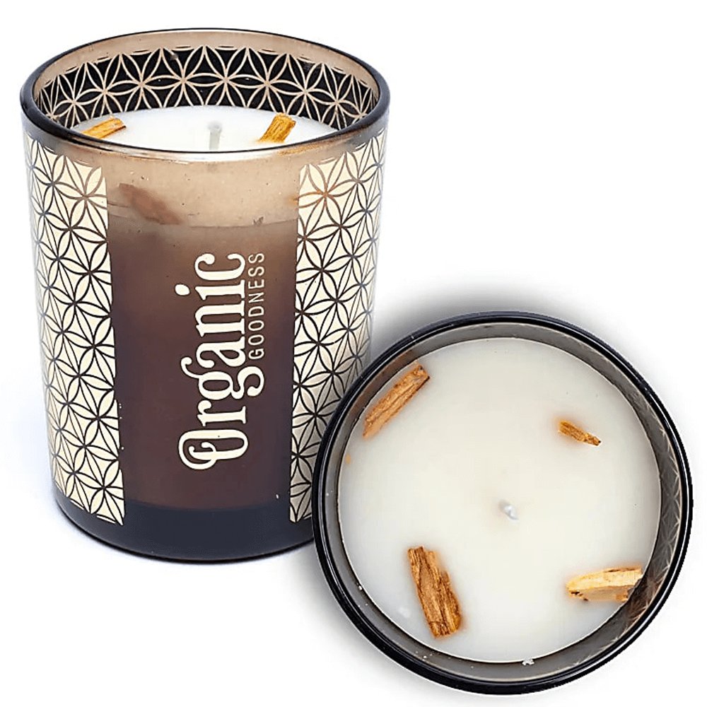 Κερί Σόγιας Organic Goodness με αιθέρια έλαια Πάλο Σάντο & Κέδρος (Palo Santo & Cedar) Χρόνος καύσης 55 ώρες Διαστάσεις:11 x 9 cm - mykarma.gr