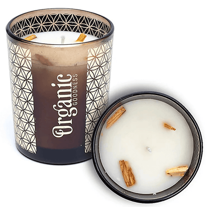 Κερί Σόγιας Organic Goodness με αιθέρια έλαια Πάλο Σάντο & Κέδρος (Palo Santo & Cedar) Χρόνος καύσης 55 ώρες Διαστάσεις:11 x 9 cm - mykarma.gr