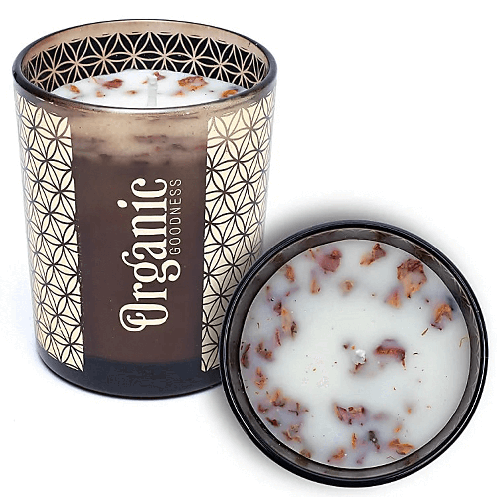 Κερί Σόγιας Organic Goodness με αιθέρια έλαια Τριαντάφυλλο & Γεράνι (Rose & Geranium)με πέταλα από τριαντάφυλλο & κάρδαμο Χρόνος καύσης 55 ώρες Διαστάσεις:11 x 9 cm - mykarma.gr