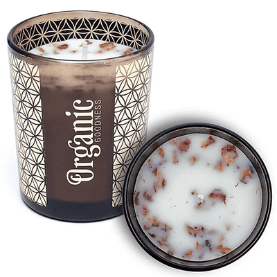 Κερί Σόγιας Organic Goodness με αιθέρια έλαια Τριαντάφυλλο & Γεράνι (Rose & Geranium)με πέταλα από τριαντάφυλλο & κάρδαμο Χρόνος καύσης 55 ώρες Διαστάσεις:11 x 9 cm - mykarma.gr