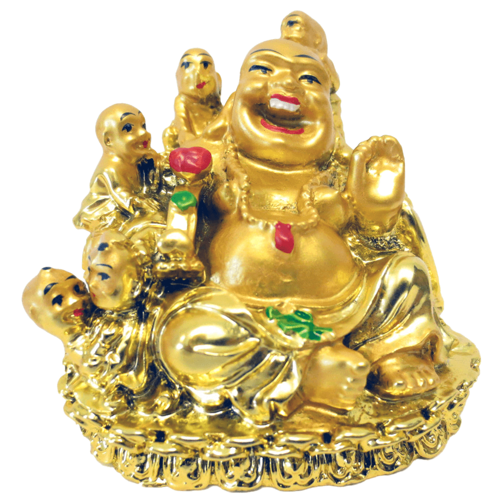 Χρυσός Βούδας για την προσέλκυση της Ευτυχίας στην οικογένεια,καθιστός με παιδιά & σάκο χρημάτων.Διαστάσεις 6 x 6 (cm) - mykarma.gr
