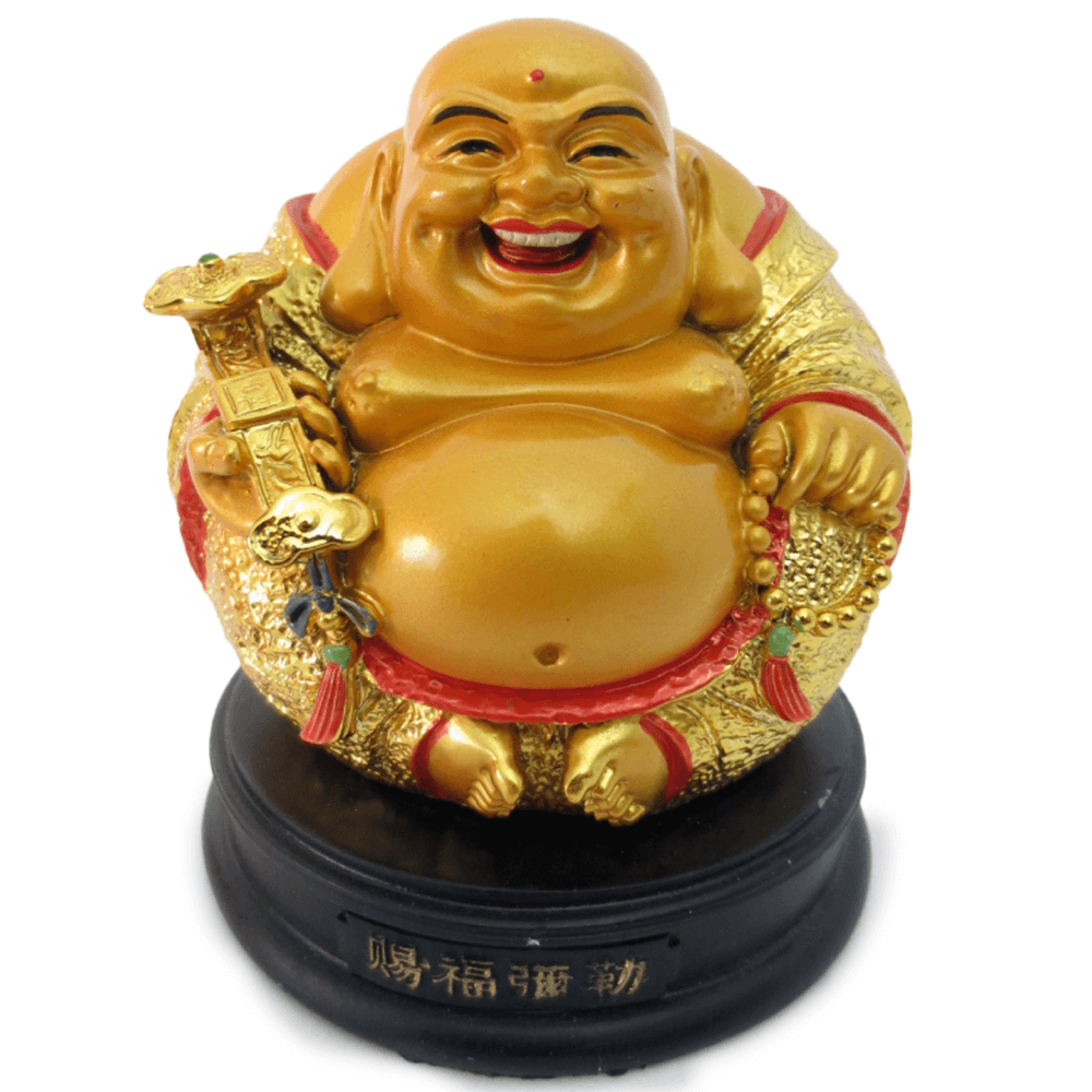 Χαρούμενος καθιστός Βούδας της Ευτυχίας & Ευημερίας - χρυσό χρώμα Διαστάσεις: 9,5 x 9 cm - mykarma.gr