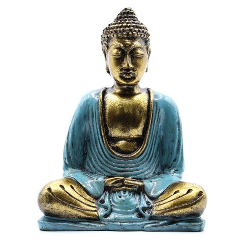 Άγαλμα καθηστός Βούδας-χρυσό με μπλε.Διαστάσεις: 15x12x7 εκ - mykarma.gr