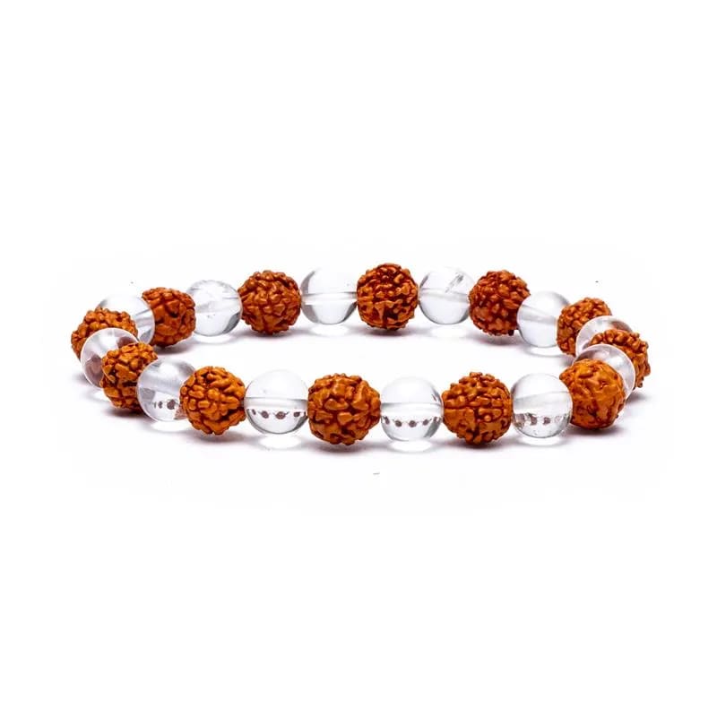 Βραχιόλι από Rudraksha & Λευκό Χαλαζία - ελαστικό. Διαστάσεις χάντρας: 0,7 cm. - mykarma.gr