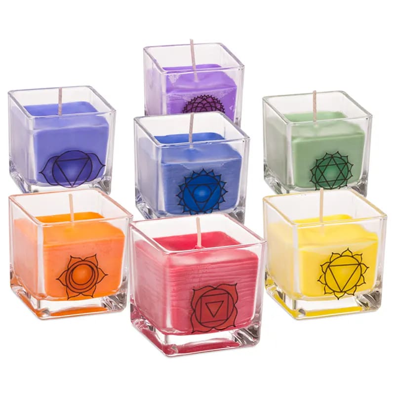Σετ από 7 Chakra ECO κεριά με αιθέρια έλαια.Βάρος κάθε κεριού : 260 g.Διαστάσεις:6 × 6 × 6 cm Χρόνος καύσης 25 ώρες. - mykarma.gr