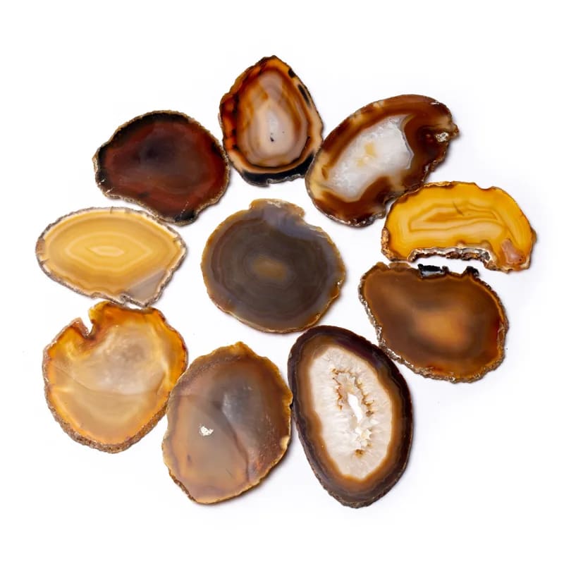 Φυσικό ορυκτό πέτρωμα - Φέτες Αχάτη (Agate) - φυσικό χρώμα + Βάση Δώρο.Διαστάσεις: ± 6 εκ (Η συσκευασία περιέχει 1 τεμάχιο) - mykarma.gr