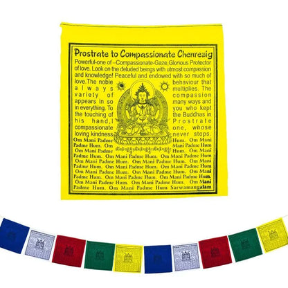 Flags-10 Θιβετιανές Σημαίες προσευχής Chenrezig (Βούδας της Συμπόνιας) με το Μάντρα για Απαλλαγή από τα βάσανα. Διαστάσεις κάθε σημαίας: 20 × 20 εκ Συνολικό μήκος 210 εκ. - mykarma.gr