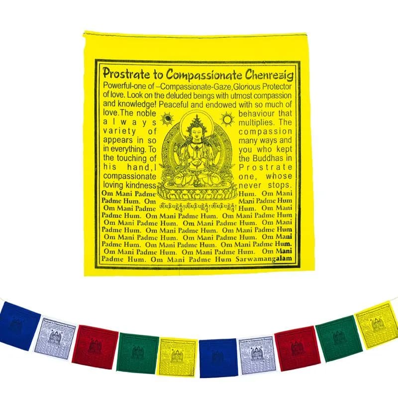 Flags-10 Θιβετιανές Σημαίες προσευχής Chenrezig (Βούδας της Συμπόνιας) με το Μάντρα για Απαλλαγή από τα βάσανα. Διαστάσεις κάθε σημαίας: 20 × 20 εκ Συνολικό μήκος 210 εκ. - mykarma.gr