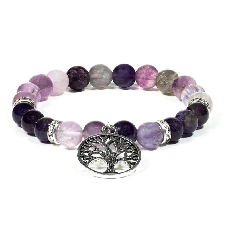 Ελαστικό βραχιόλι από Φθορίτη & Αμέθυστο (Fluorite/Amethyst)με «Δέντρο της Ζωής».Διαστάσεις χάντρας 0,8 εκ. - mykarma.gr