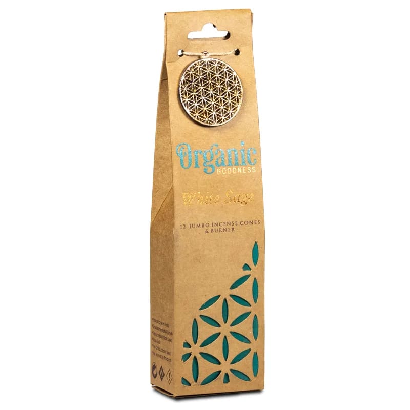 Organic Goodness White Sage Cones -Χειροποίητοι 100% οικολογικοί κώνοι & βάση - με Αιθέριο Έλαιο Λευκό Φασκόμηλο - 72 g  12 κώνοι - mykarma.gr