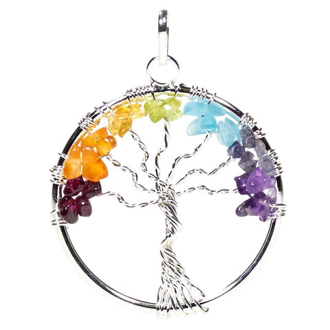 Κρεμαστό κόσμημα - Μενταγιόν 7 Chakra Tree of Life (Δέντρο της Ζωής)- ορείχαλκου με 7 Ημιπολύτιμους  λίθους- ασημί χρώμα. Μέγεθος 4cm. - mykarma.gr