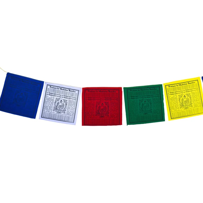 Flags-10 Θιβετιανές Σημαίες προσευχής Medicine Buddha (Βούδας της Ιατρικής) με το Μάντρα. Διαστάσεις κάθε σημαίας: 20 × 20 εκ Συνολικό μήκος 210 εκ. - mykarma.gr