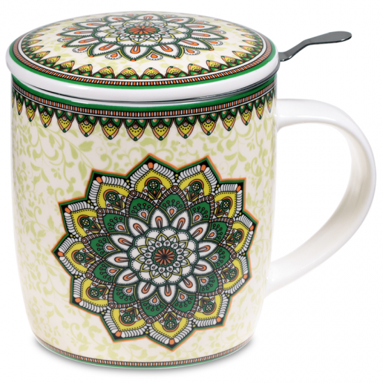 Ενα υπέροχο δώρο! Tea Infuser-Κούπα Mandala Πράσινη - Πορσελάνη 400 ml. - mykarma.gr