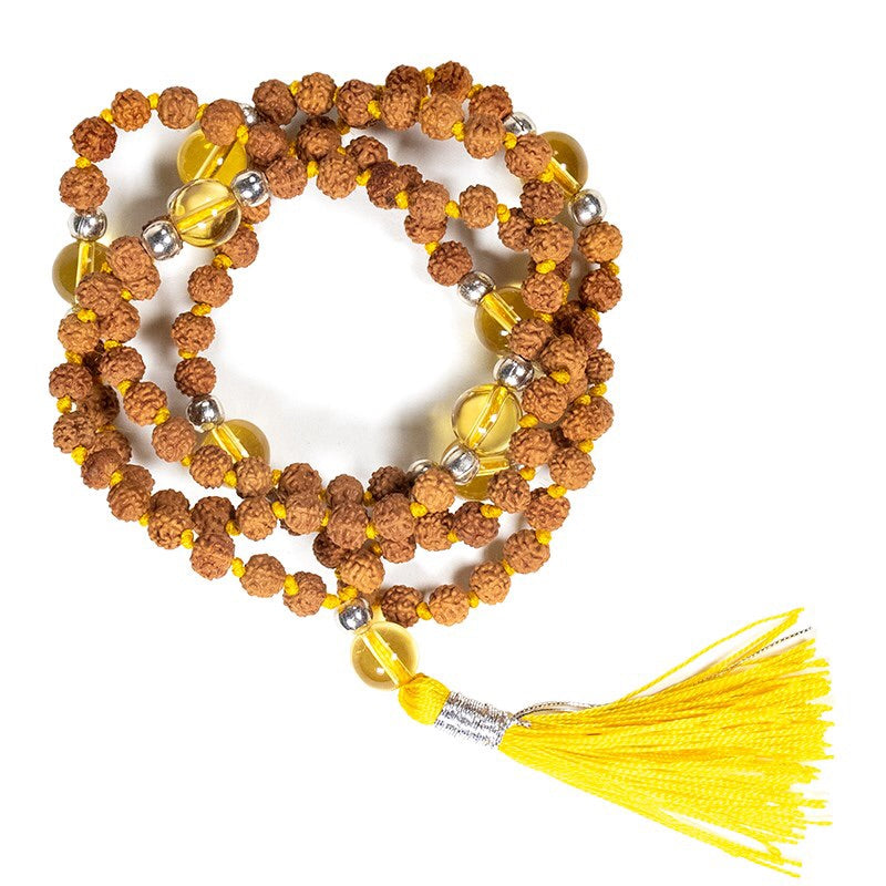 Mala Rudraksha και Κιτρίνη (Citrine)με κίτρινη φούντα + τσάντα.Διαστάσεις: 0,5 cm - mykarma.gr