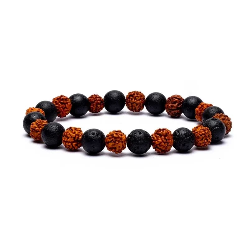 Βραχιόλι από Rudraksha & Λάβα- ελαστικό. Διαστάσεις χάντρας: 0,8 cm. - mykarma.gr