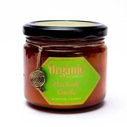 Κερί Σόγιας Organic Goodness με αιθέριο έλαιο Πατσουλί/Βανίλια (Patchouli/Vanilla)  200 g.Χρόνος καύσης 55 ώρες - mykarma.gr