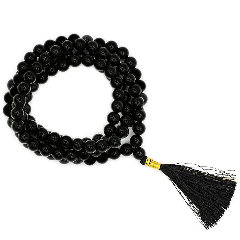 Mala Black Tourmaline-Μαύρη Τουρμαλίνη-AA ποιότητας-108 χάντρες + τσάντα.Διαστάσεις: 0,6 cm. - mykarma.gr