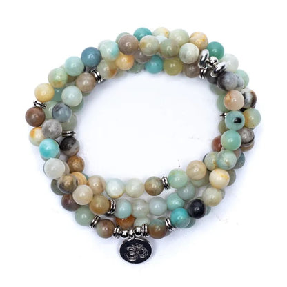 Mala με Αμαζονίτη(Amazonite) 108 χάντρες- ελαστικό - με Ohm. Διαστάσεις: 0,8 cm + Τσάντα - mykarma.gr
