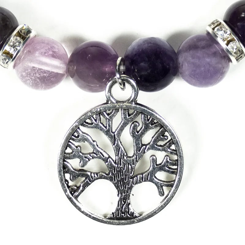 Ελαστικό βραχιόλι από Φθορίτη & Αμέθυστο (Fluorite/Amethyst)με «Δέντρο της Ζωής».Διαστάσεις χάντρας 0,8 εκ. - mykarma.gr