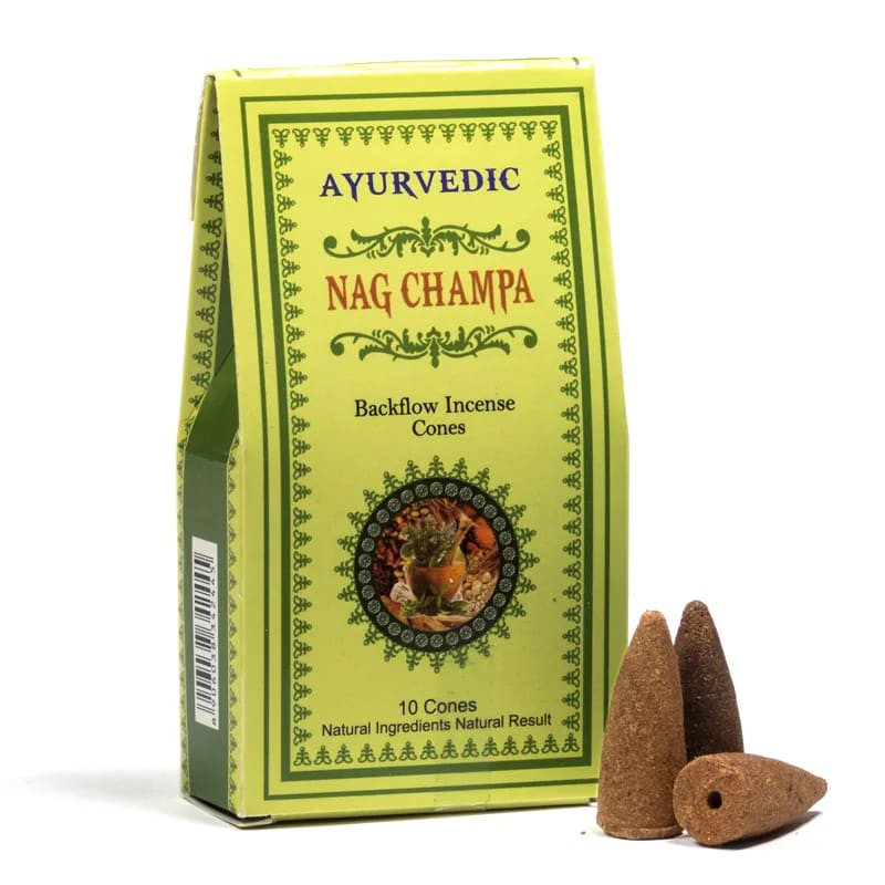 Κώνοι θυμιάματος αναστροφής ροής Backflow-Ayurvedic Nag Champa.Βάρος: 30 g.Περιεχει 10 κώνους. - mykarma.gr