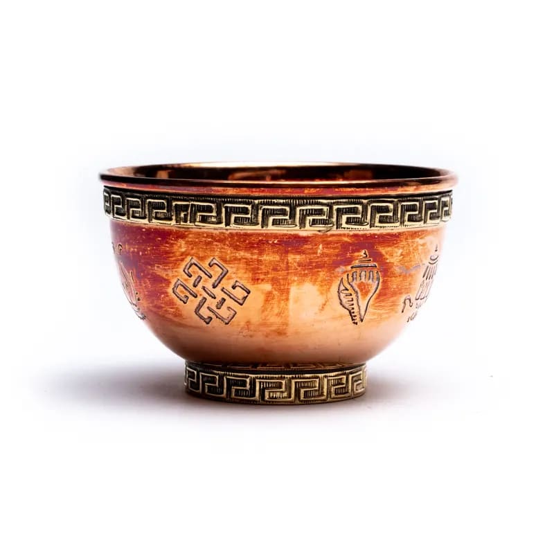 Χάλκινο Κύπελλο Προσφοράς (Offering Bowl) με οκτώ τυχερά σύμβολα. Μέγεθος 7,5 x 4.5 εκ. - mykarma.gr