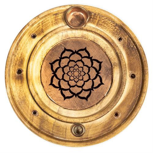 Βάση για Στικ & Κώνους με χαραγμένο Lotus Mandala σε χαλκό.  Διαστάσεις: 10 εκ. Υλικό: ξύλο μάνγκο. - mykarma.gr