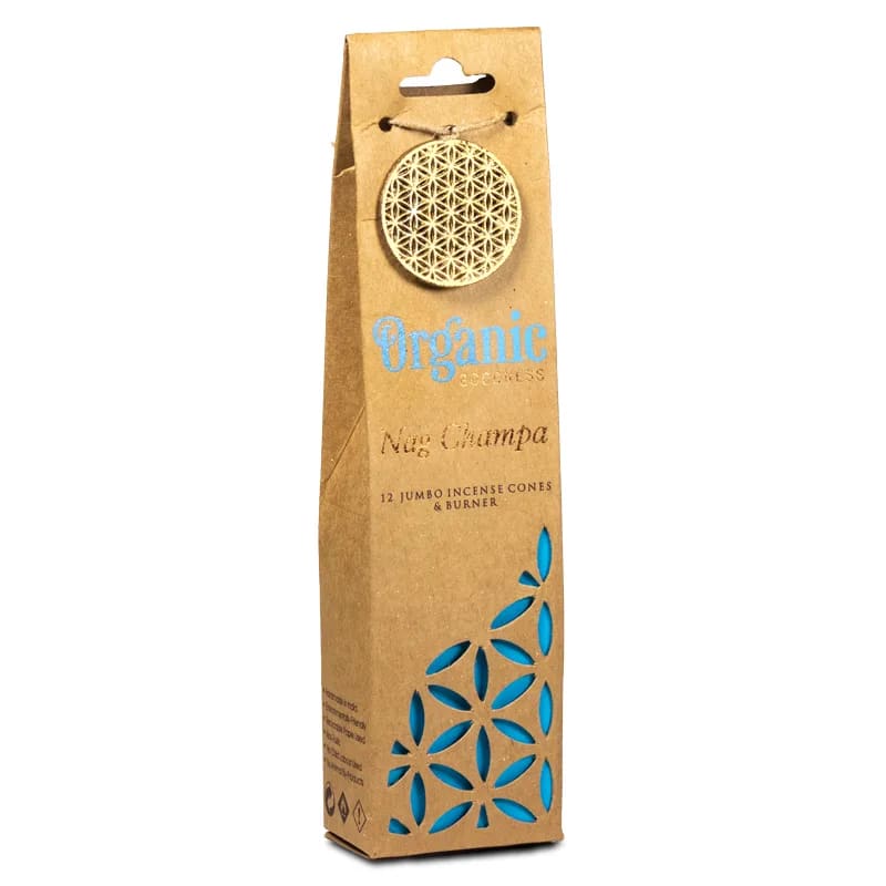 Organic Goodness Nag Champa Cones -Χειροποίητοι 100% οικολογικοί κώνοι & βάση - με Αιθέριο Έλαιο Nag Champa - 72 g  12 κώνοι - mykarma.gr