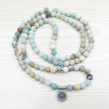 Mala με Αμαζονίτη(Amazonite) - ελαστικό - με Λωτό. Διαστάσεις: 0,8 cm + Τσάντα - mykarma.gr