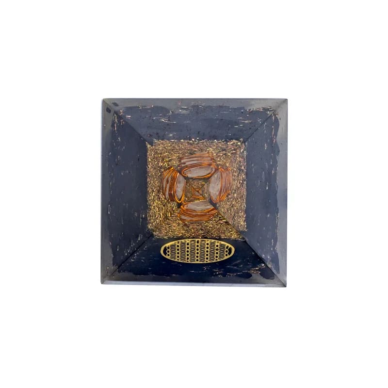 Οργονίτες-Orgone Πυραμίδα Μαύρη Τουρμαλίνη (Black Tourmaline) με «Λουλούδι της Ζωής».Διαστάσεις: 5 × 5 × 8 cm - mykarma.gr