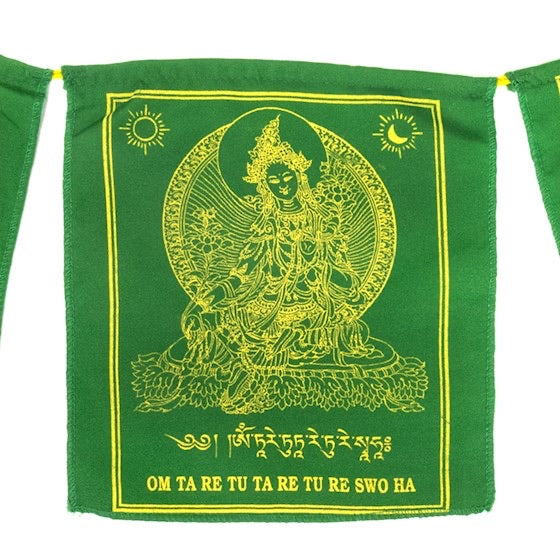 Flags-9 Θιβετιανές Σημαίες προσευχής Green Tara με το Μάντρα. Διαστάσεις κάθε σημαίας: 20 × 22 εκ Συνολικό μήκος 200 εκ. - mykarma.gr