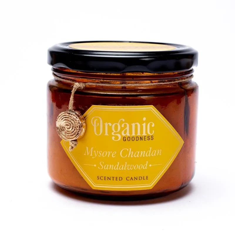 Κερί Σόγιας Organic Goodness με αιθέριο έλαιο Σανδαλόξυλο (Sandalwood)  200 g.Χρόνος καύσης 55 ώρες - mykarma.gr