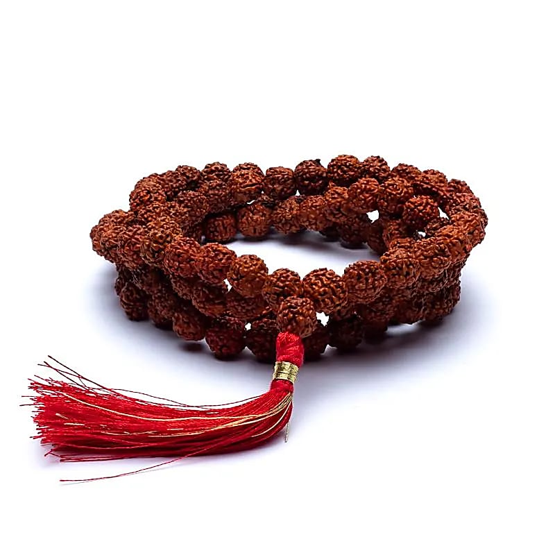 Mala Rudraksha - φυσικοί σπόροι Α ποιότητας - 108 χάντρες με κόκκινη φούντα. Διαστάσεις: ±0.7 εκ - mykarma.gr