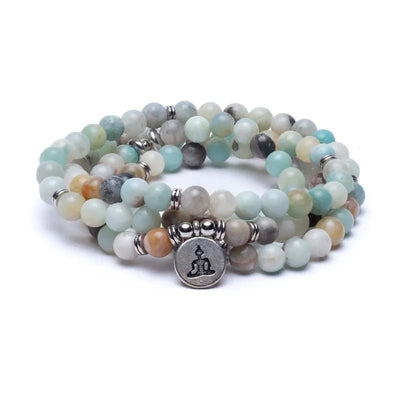 Mala με Αμαζονίτη(Amazonite) - ελαστικό  108 χάντρες - με τον Βούδα  Διαστάσεις: 0,8 cm + Τσάντα - mykarma.gr