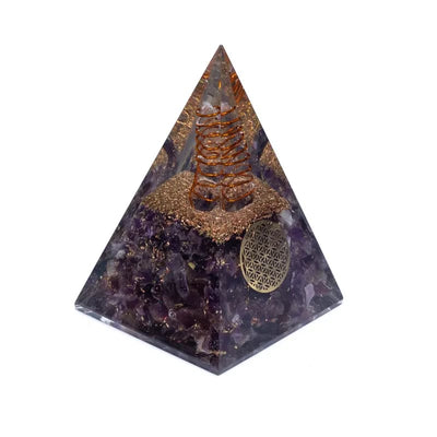 Οργονίτες-Orgone Πυραμίδα Αμέθυστος (Amethyst) με «Λουλούδι της Ζωής».Διαστάσεις: 5 × 5 × 8 cm - mykarma.gr