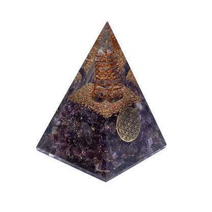 Οργονίτες-Orgone Πυραμίδα Αμέθυστος (Amethyst) με «Λουλούδι της Ζωής».Διαστάσεις: 5 × 5 × 8 cm - mykarma.gr