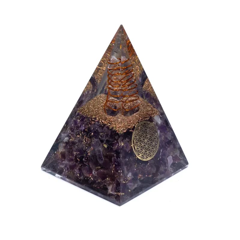 Οργονίτες-Orgone Πυραμίδα Αμέθυστος (Amethyst) με «Λουλούδι της Ζωής».Διαστάσεις: 5 × 5 × 8 cm - mykarma.gr
