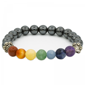 Βραχιόλι Ισορροπίας 7 Chakra-Αιματίτη(Hematite) με 7 ημιπολύτιμους λίθους- ελαστικό.Διαστάσεις: 0,8 cm. - mykarma.gr